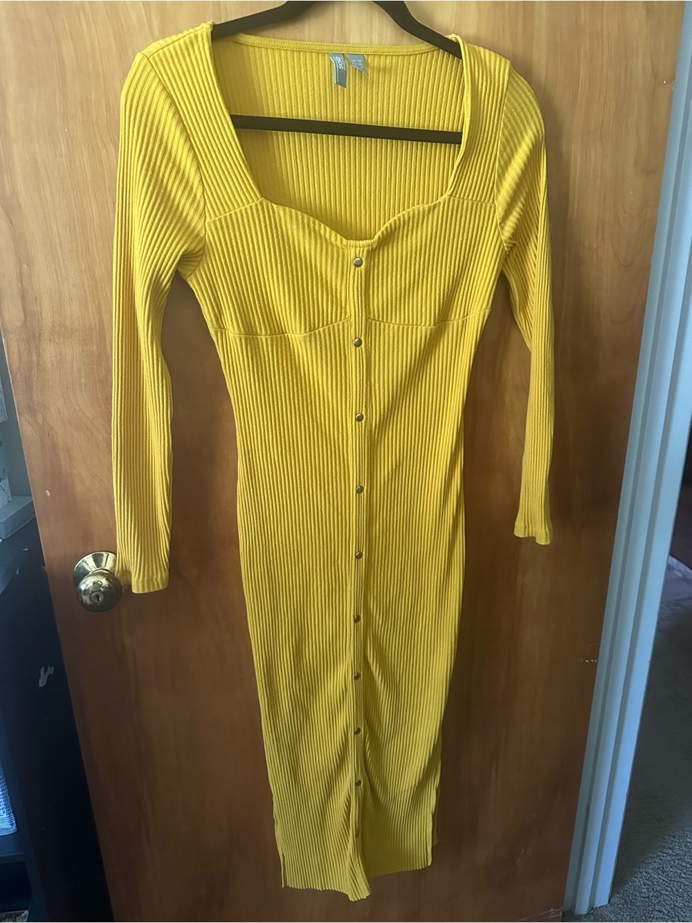 ASOS Yellow Ribbed Button-Front Long Sleeve Midi Dress